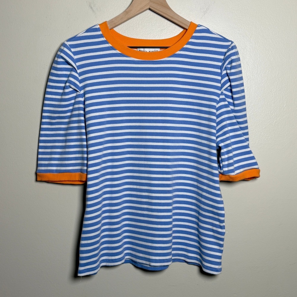 Rebecca Minkoff Womens Cotton Top XL Blue Striped Puff Sleeve Ringer French Girl